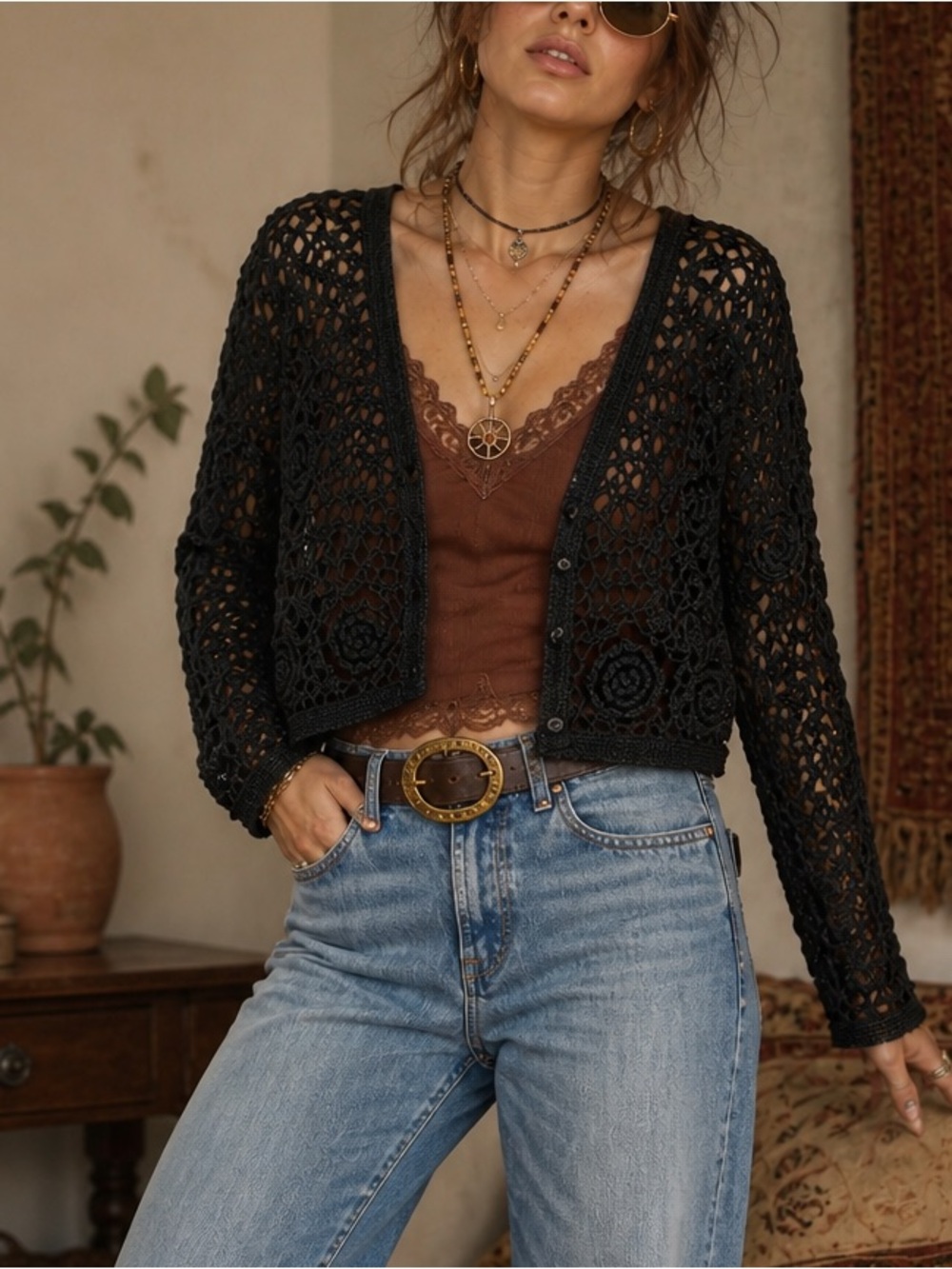 Vintage 90s Contempo Casuals Black Boho Crochet Cardigan OS